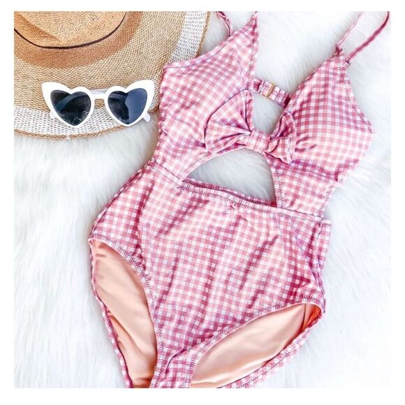 Judith March Women's Pink Gingham Cutout One-Piece Swimsuit Size L - Picture 1 of 5